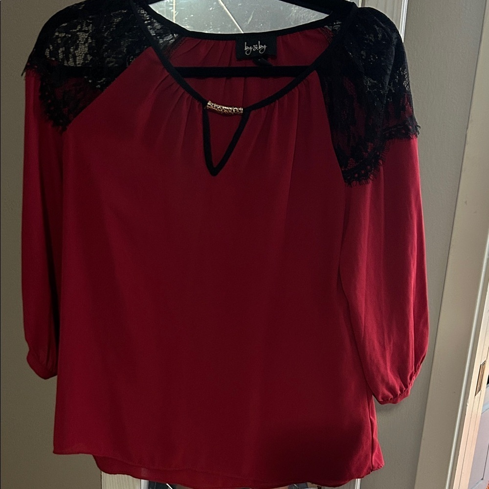 by & by Red Blouse with Black Lace Accents